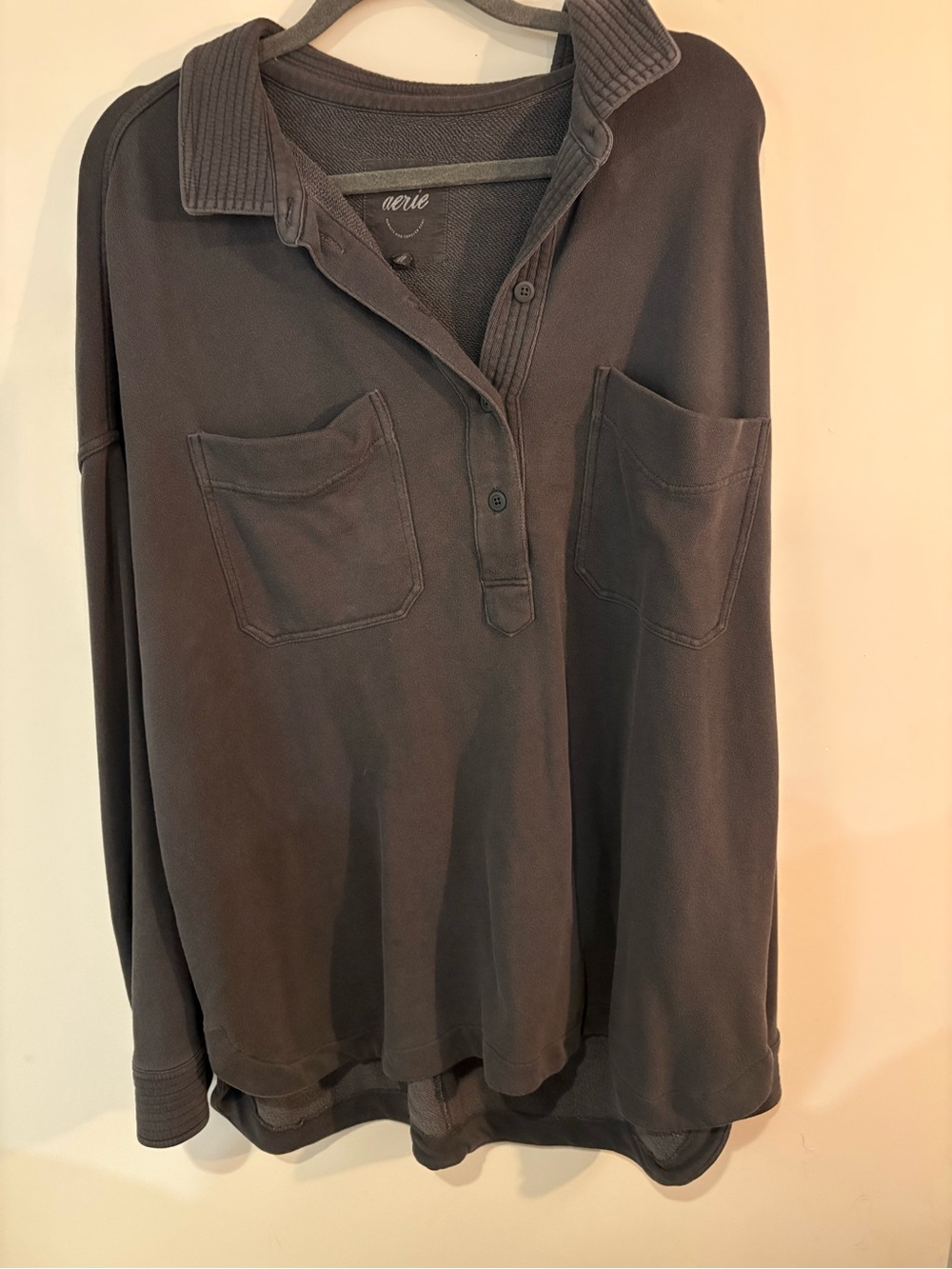aerie Long Sleeve Polo Top in Charcoal